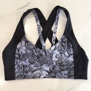 Lululemon Sweat Times Bra Black Floral Print Strappy Sports Size 8 Med Support